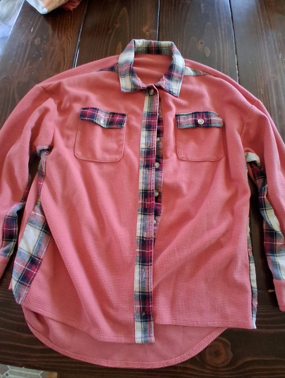 Pink Plaid-Trim Lightweight Waffle Shacket